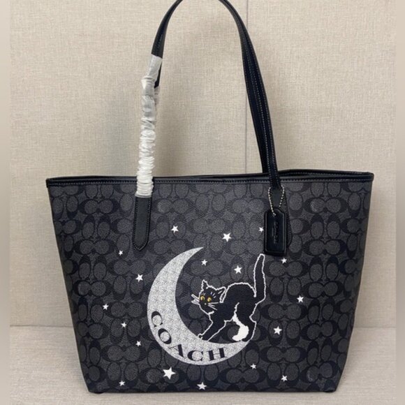 Coach City Tote Signature Canvas With Halloween Cat Graphic Black - Picture 1 of 7